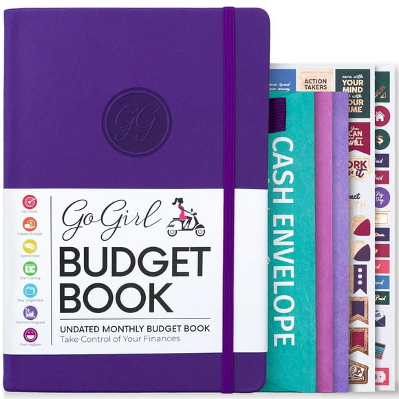 GoGirl Carnet de Budget – Planificateur Financier Mensuel Coloré Non Daté. Planificateur de Budget & Suivi des Dépenses pour Atteindre les Objectifs Financiers, Dure 1 An, +Bonus 3 Enveloppes de Trésorerie, Couverture Rigide A5 – Violet