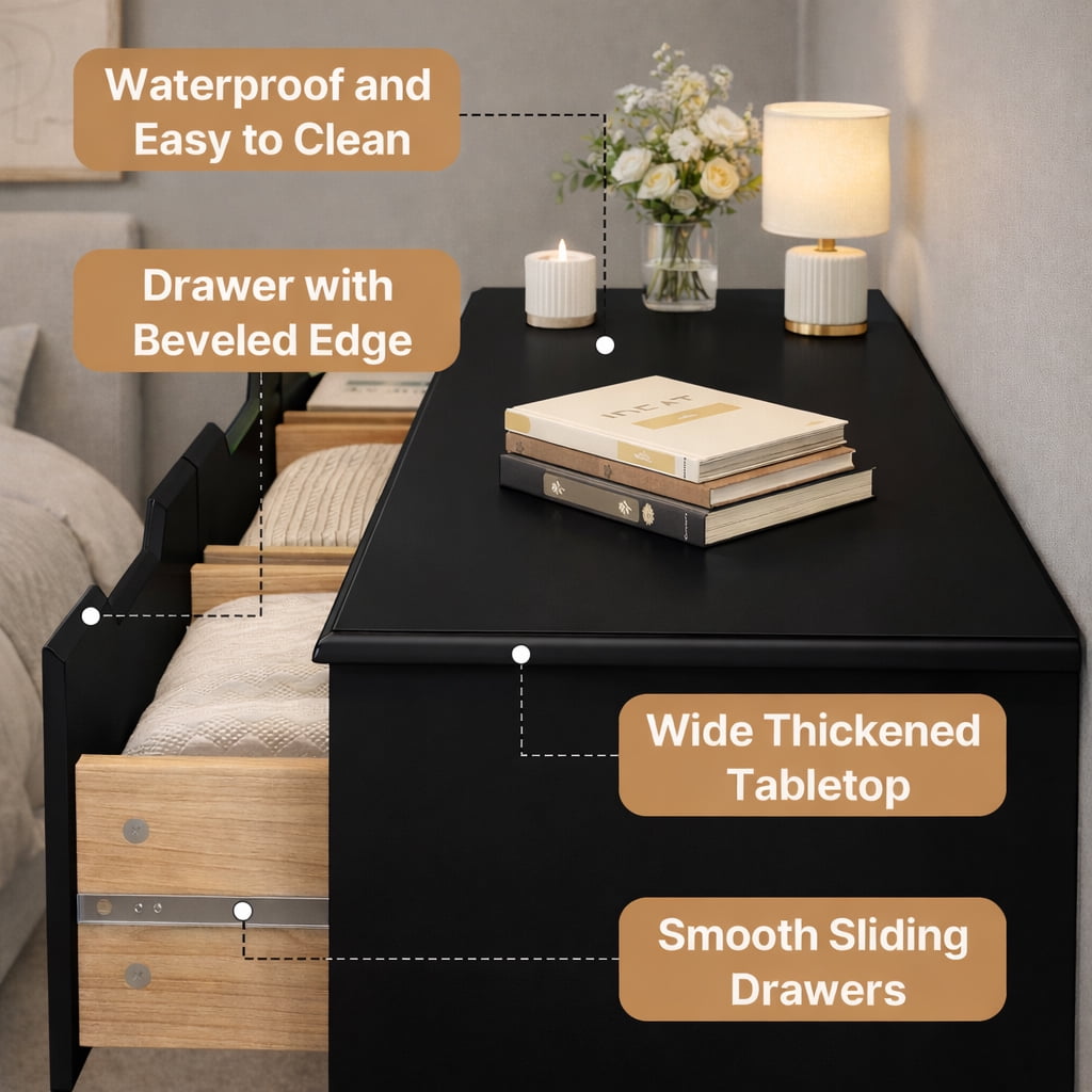7-Drawer Dresser for Bedroom with Anti-Tip Design, 48" Handle-Free Modern Storage Chest - Premium Engineered Wood Dresser, Black