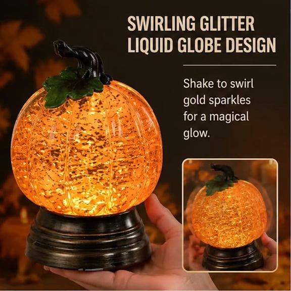 Glitter Lighted Pumpkin Snow Globe, Halloween Pumpkin Glitter Globe with LED Decorative Light, Fall Harvest Tabletop Centerpiece for Fireplace, Shelf, Thanksgiving and Autumn Home Decor