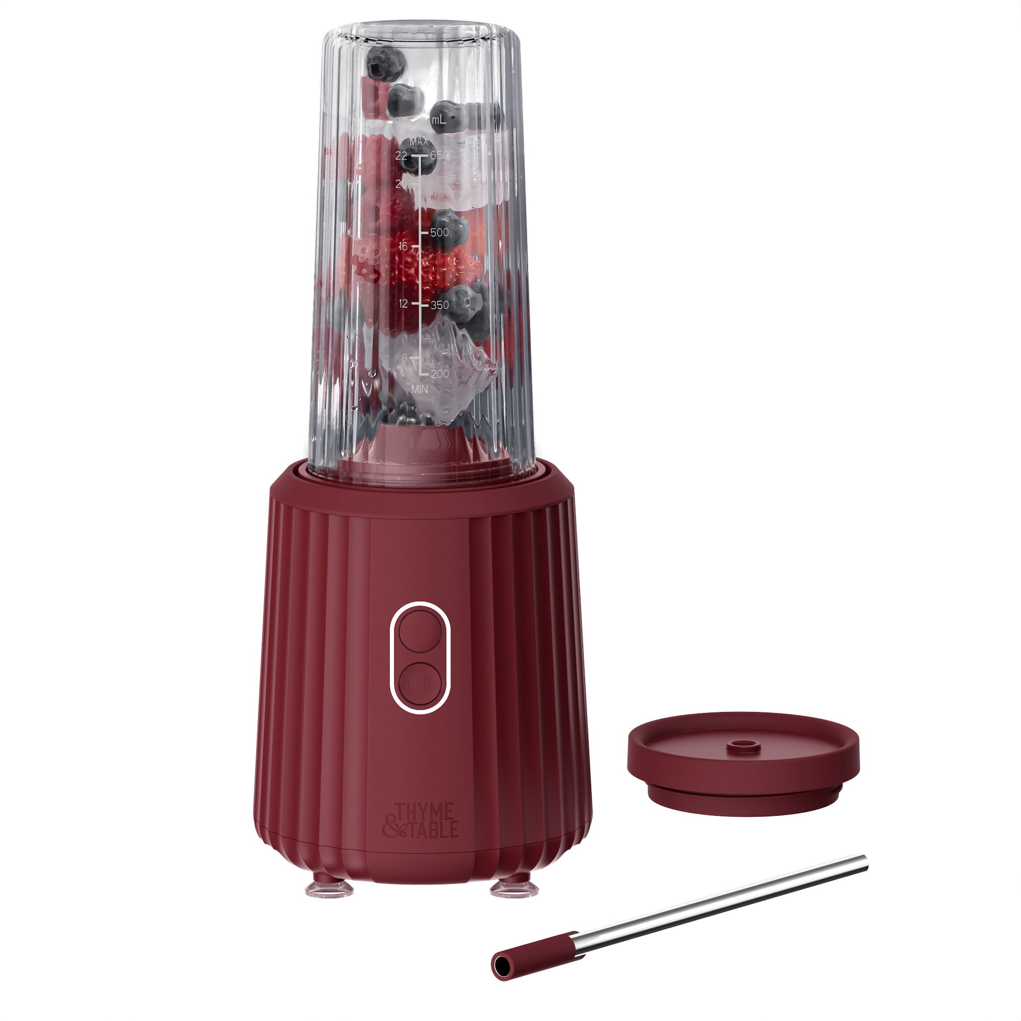Thyme & Table 900 W 25 oz Single Serve Blender with Tritan Vessel, Smart Seal Lid and Straw, 6-Point Stainless Steel Blade, Cabernet Red