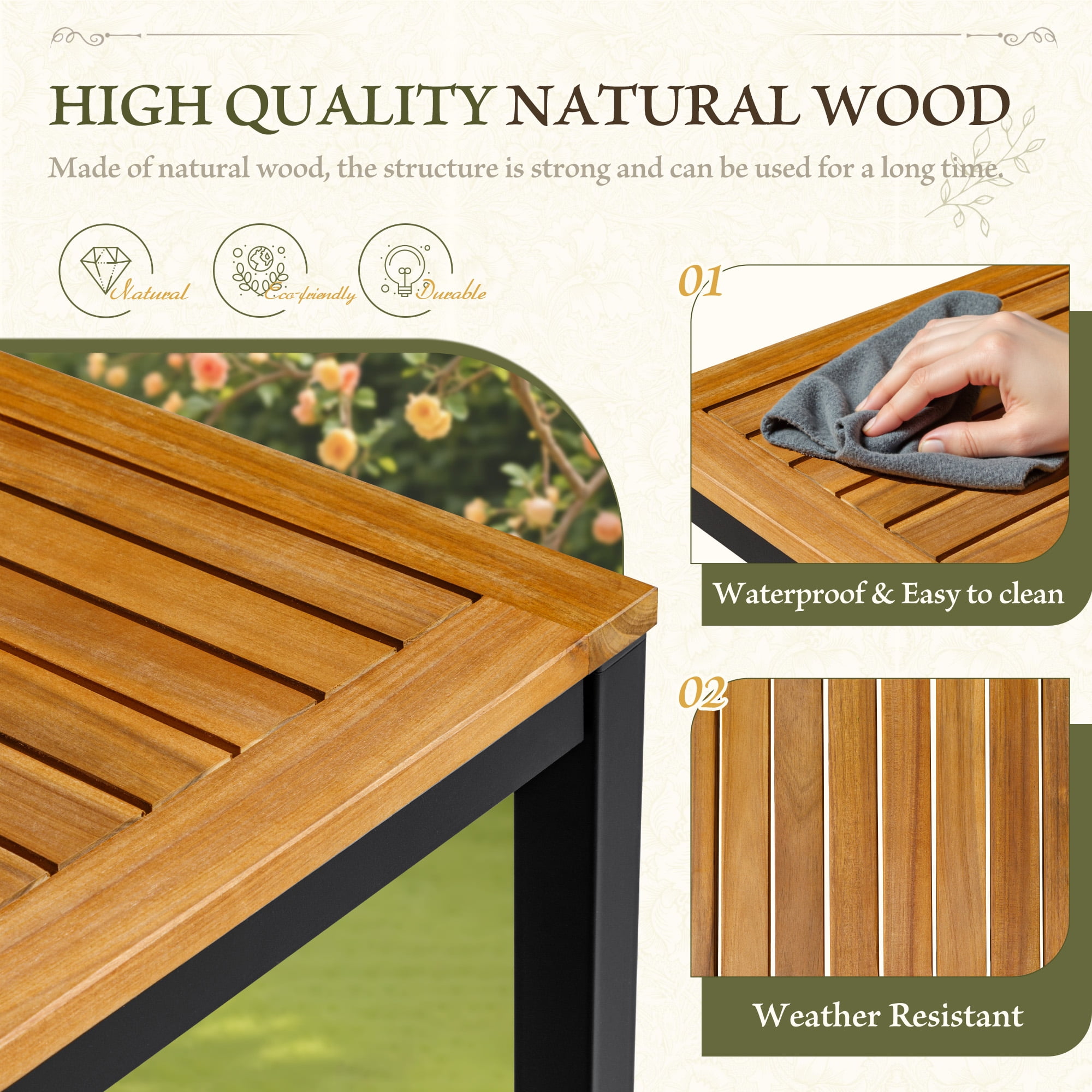 Devoko 3 Pieces Wood Patio Bar Set,Acacia Outdoor High Top Bar Stools with Table for Garden&Balcony