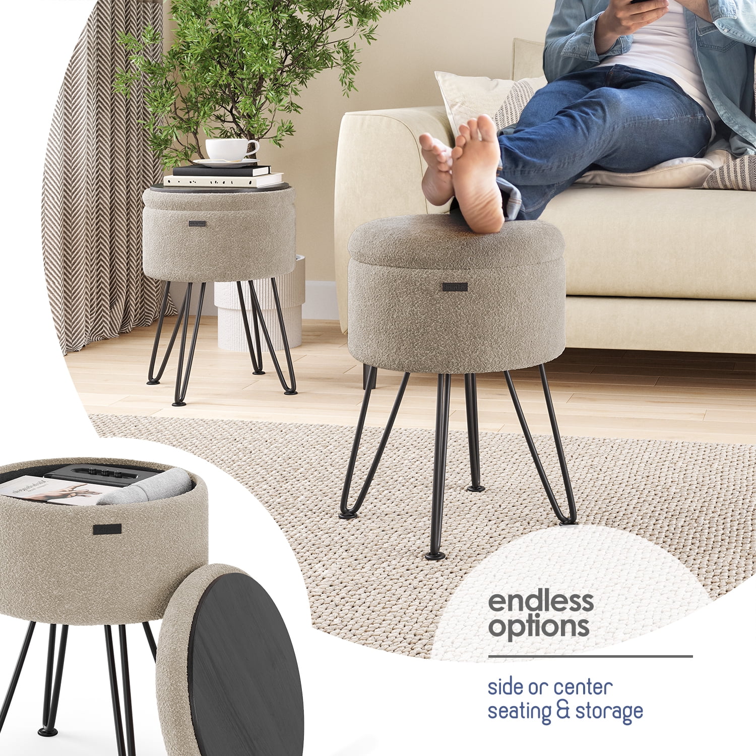 Hearth & Harbor Round Ottoman with Storage, Luxurious Foot Stool and Chic Vanity Stool with Storage, Elegant Boucle Beige