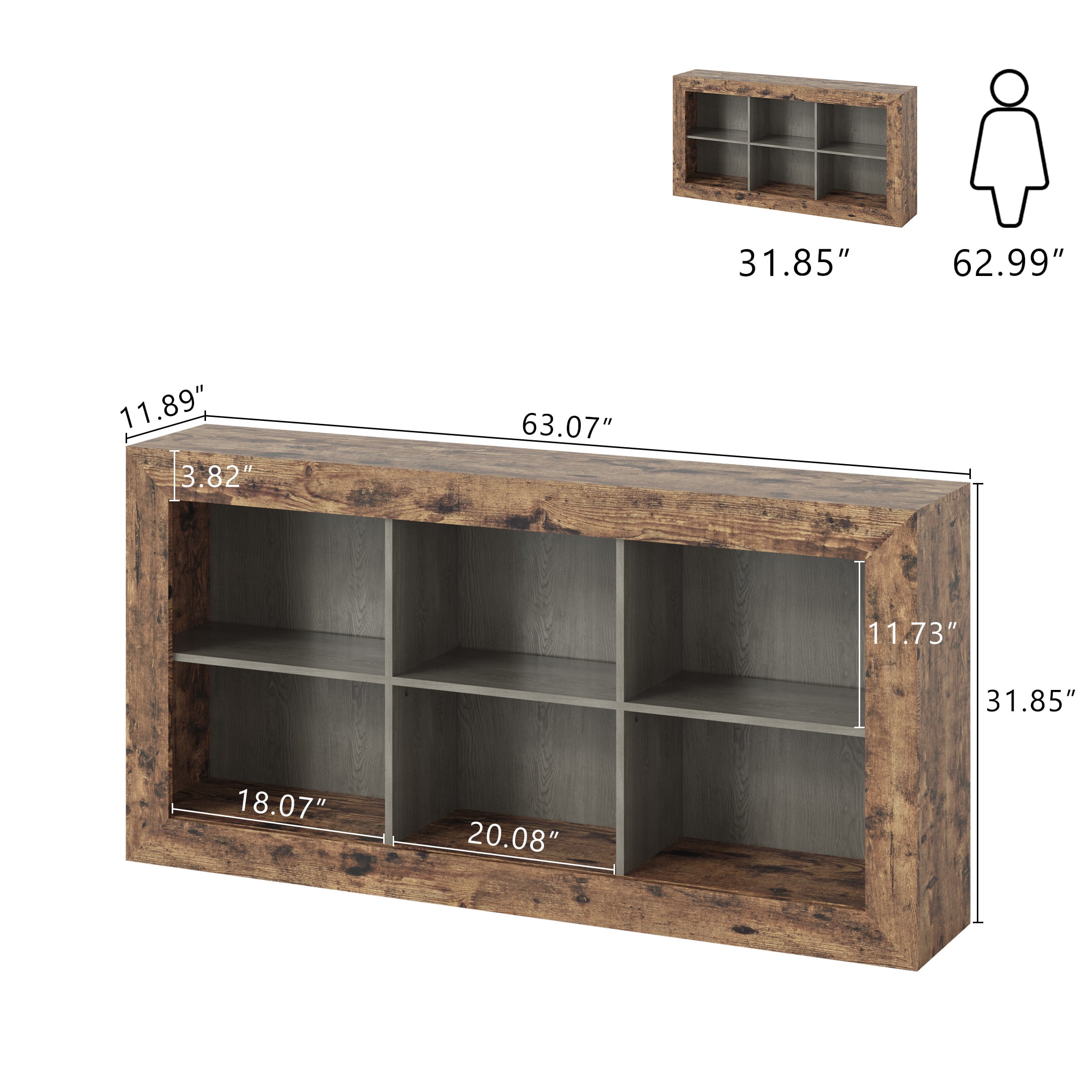 Gelloan 63-Inch Long Sofa Console Table, Rustic Wood Entryway Table with 6 Storage Cubes for Living Room, Hallway, Behind Couch,Brown