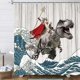thumbnail image 2 of Cortina de Ducha Graciosa de Gato, Cortina de Ducha Japonesa de Olas del Océano con Gato Montando Dinosaurio, Cortina de Ducha Náutica Rústica de Madera de Granja, 2 of 4