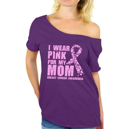 Awkward Styles I Wear Pink For My Mom Off Shoulder Shirt Breast Cancer Ladies Shirt Cancer Gifts Best Mom Off Shoulder Shirt Women's Pink Ribbon Baggy Shirt Breast Cancer Awareness (Best Gifts For Cancer Patients)