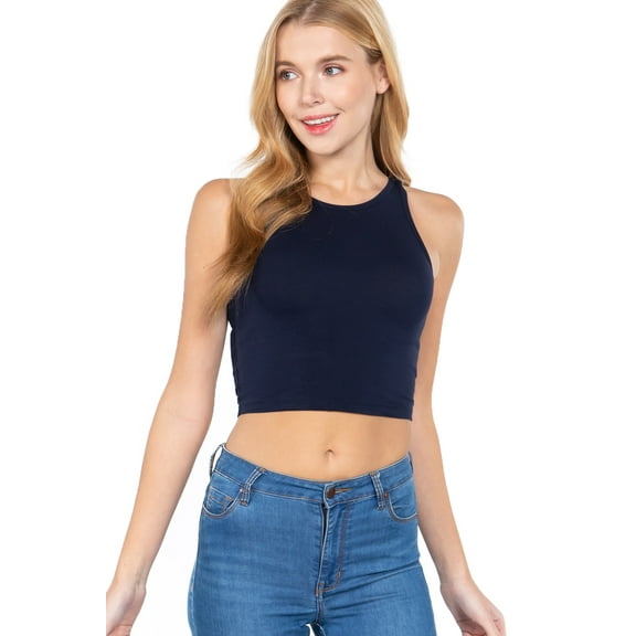 ShezPretty Women's Basic Sleeveless Halter Neck Tank Crop Top (Small, True Navy)