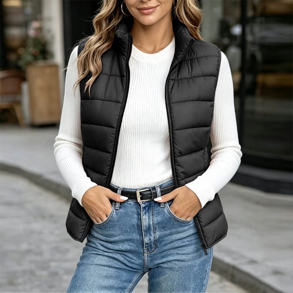 Women's Sleeveless Padded Gilet Vest, Stand Collar Quilted Puffer Waistcoat With Pockets, Sleeveless Quilted Casual Outerwear For Women, Lightweight Warm Vest Black L