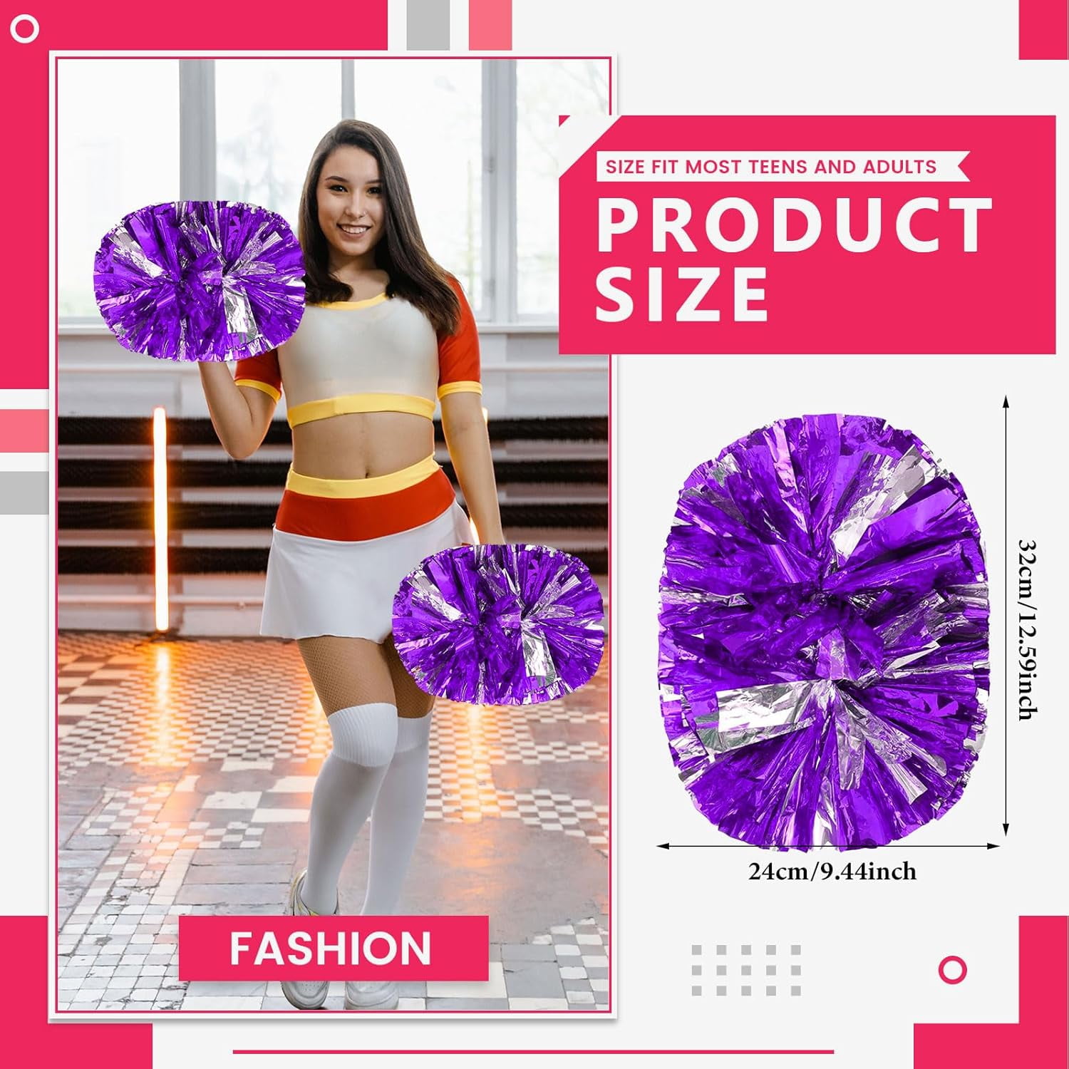Cheerleader Pom Poms 24 Pack Sports Dance Cheering Plastic Metallic Cheerleading Pom Poms for Kids Adults.
