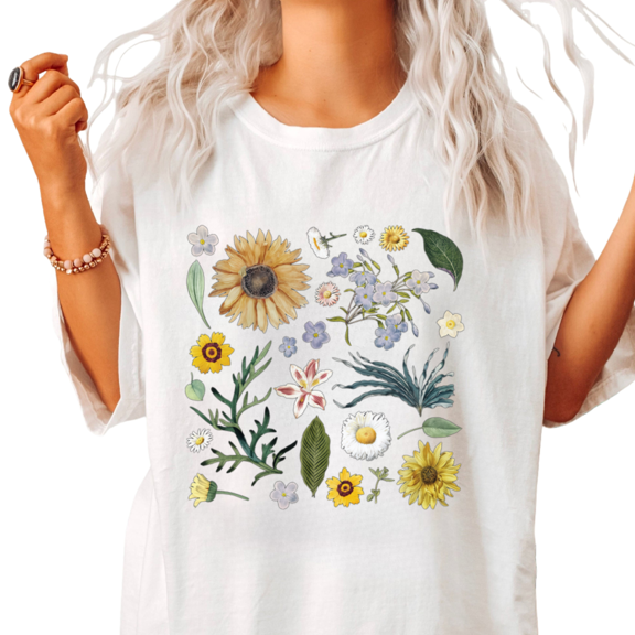 UNISHE White Women's Boho Garden Lady Wildflower Sunflower Botanical Graphic Short Sleeve T-Shirt Tops
