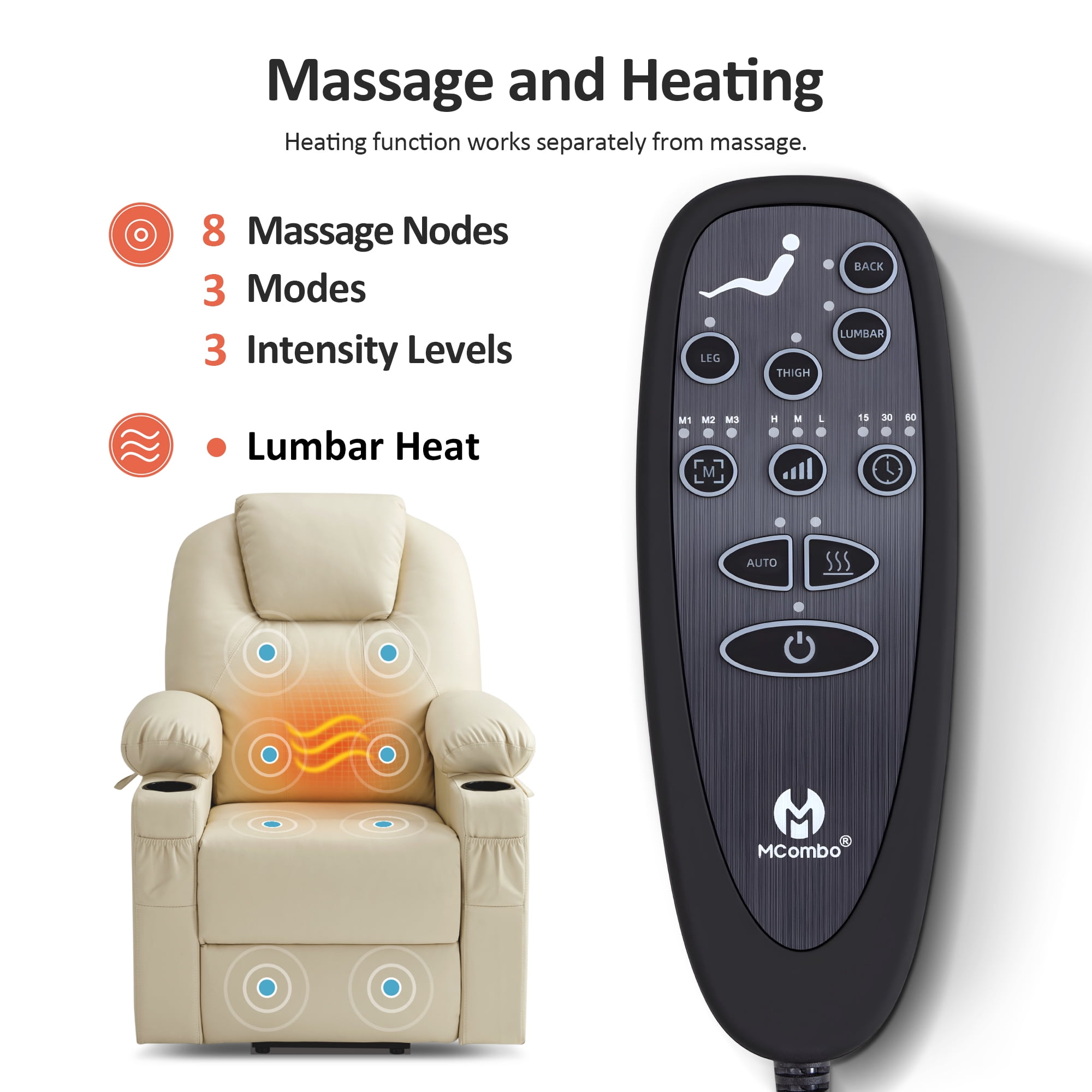 MCombo Electric Power Lift Recliner Chair Sofa with Massage and Heat for Elderly, 3 Positions, 2 Side Pockets, and Cup Holders, USB Ports, Faux Leather 7141 Cream White, Small