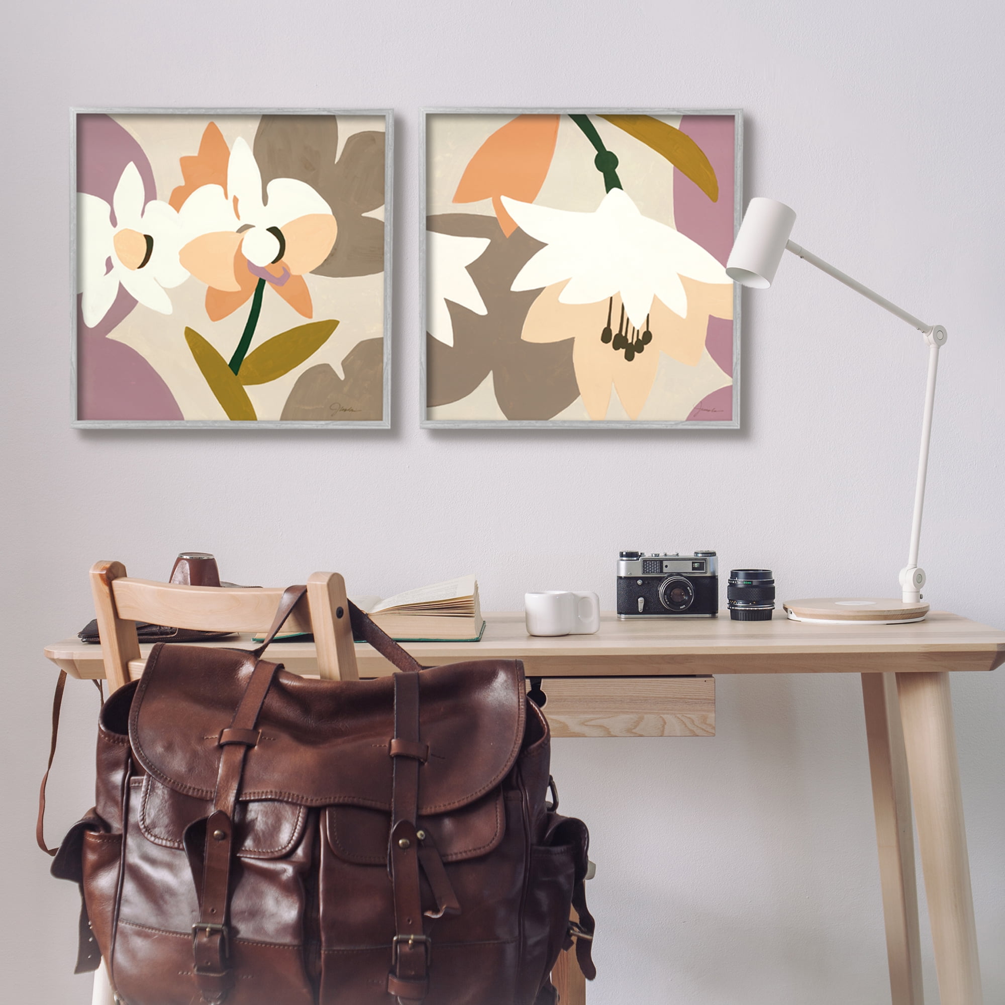 Stupell Industries Modern Geometric Orchids Botanical & Floral Painting Gray Framed Art Print Wall Art, 24 x 24, Set of 2