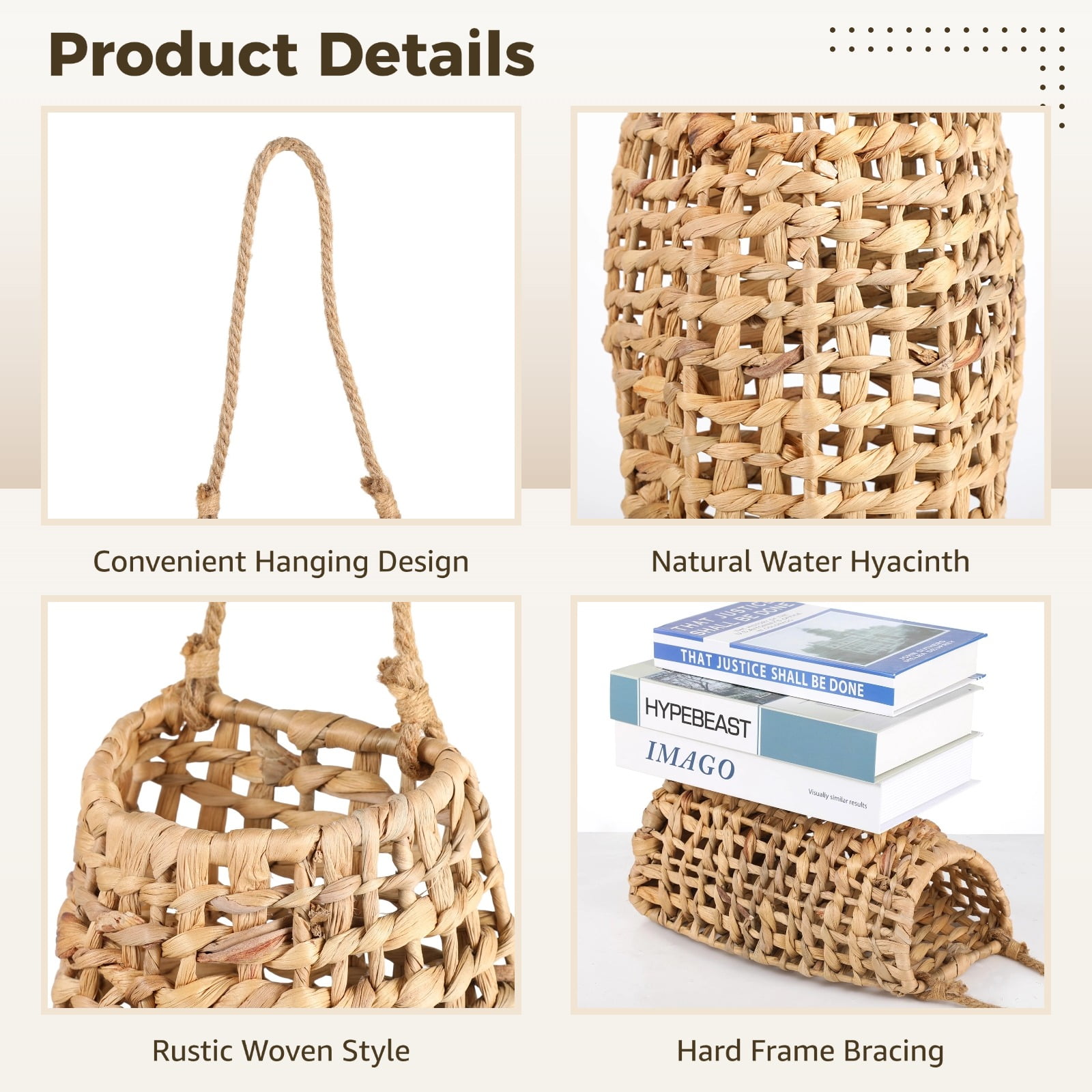 Handcrafted Woven Hanging Flower Basket – Rustic Farmhouse Door Hanging Storage Basket, Natural Water Hyacinth, for Flowers, Vegetables or Home Decor