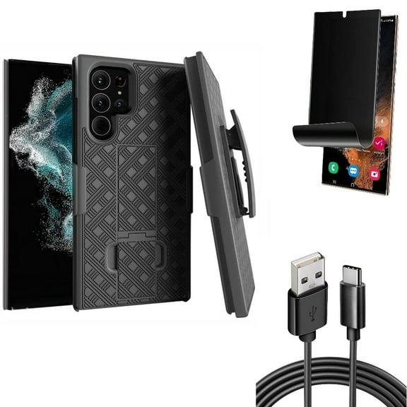 Case Belt Clip & Privacy Screen Protector & 6ft USB Cable for Samsung Galaxy S22 Ultra (6.8") - Combo Holster Swivel Cover & TPU Film (Fingerprint) Anti-Peep & Type-C Charger Cord Power