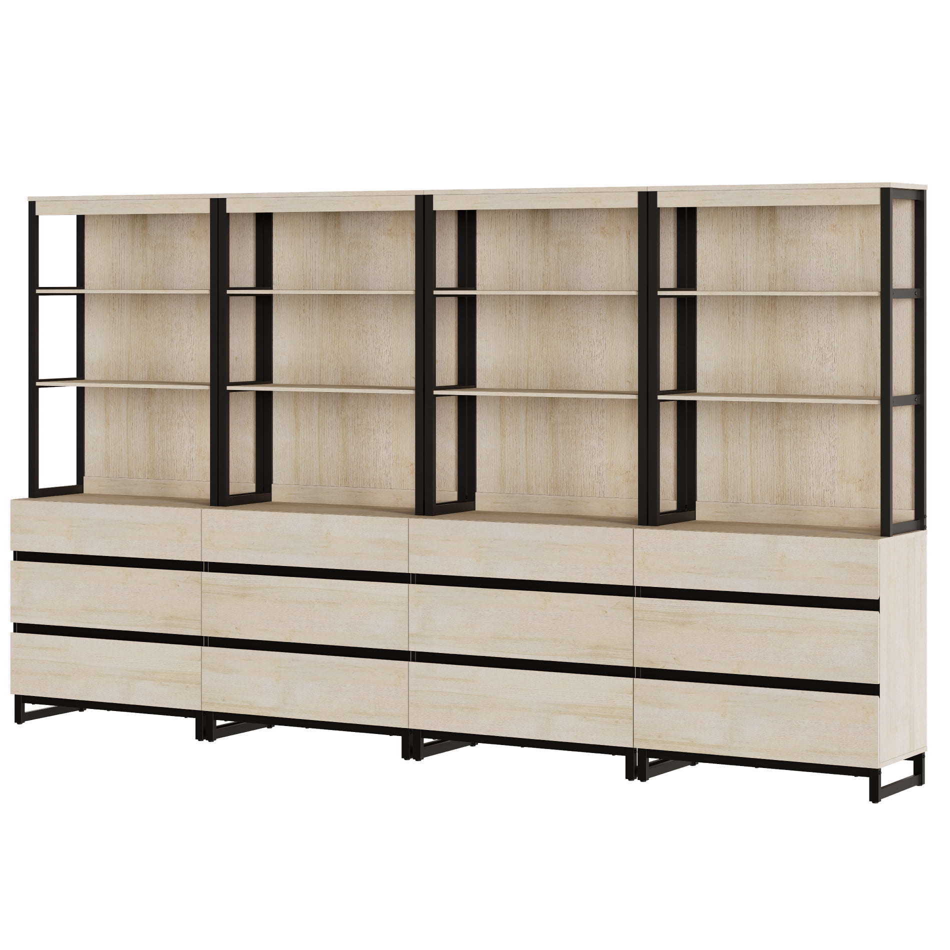 WAMPAT 4-Piece Modern 72" Tall Library Bookcases with 12 Drawers & Open Shelves, Wood Freestanding Bookshelves with Storage Cabinet & Metal Base for Home Office & Living Room, Beige