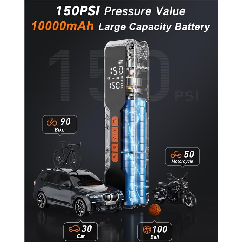 Tire Inflator Portable Air Compressor - 4X Air Pump for Car Tires, 150PSI&10000mAh Portable Tire Inflator for Car, 12DC Air Pump with Pressure Gauge/LED Light, Bike/Motorcycle/Ball/Car Accessories