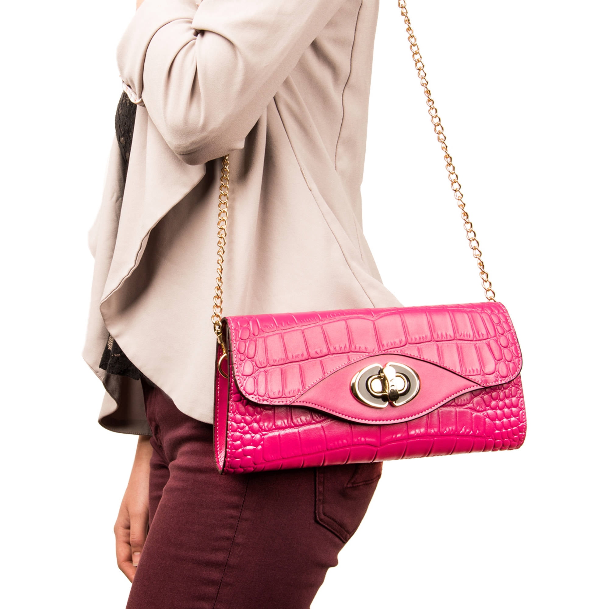 Genuine Leather Clutch Evening Bag with Chain Shoulder Strap (Fits phones up to 6.25in x 3.1in)