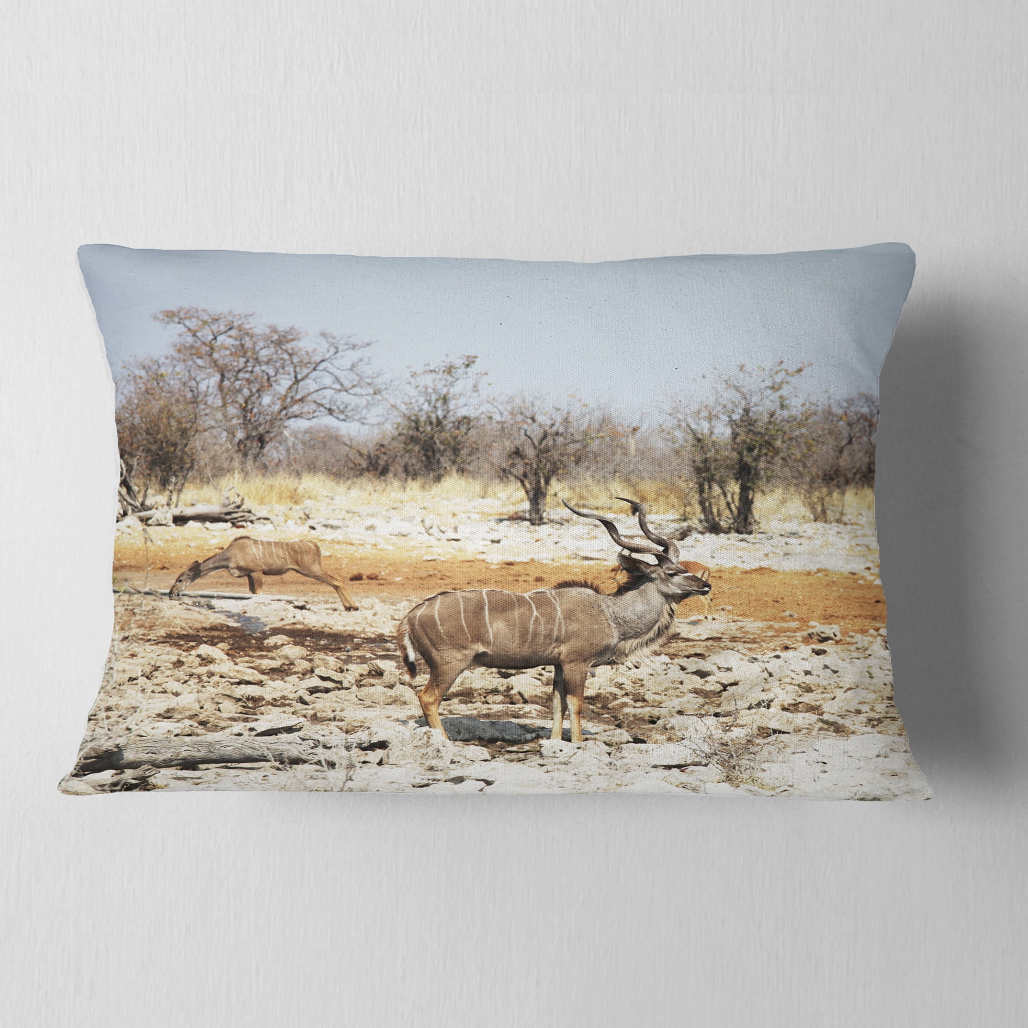 Designart Two Smart Wildebeests in Jungle - Landscape Printed Throw Pillow - 12x20