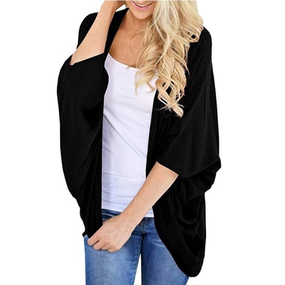 LEKODE Women Open Front Batwing 3/4 Sleeve Solid Plain Chiffon Kimono Cover Up Lightweight Summer Beach Swim Daily Sun Protection Casual Layering Outer Topper Black L