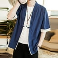 thumbnail image 2 of Lumtrix Men's Kimono Jackets Cardigan Lightweight Casual Cotton Blends Linen Seven Sleeves Open Front Coat Outwear Navy 3XL, 2 of 5