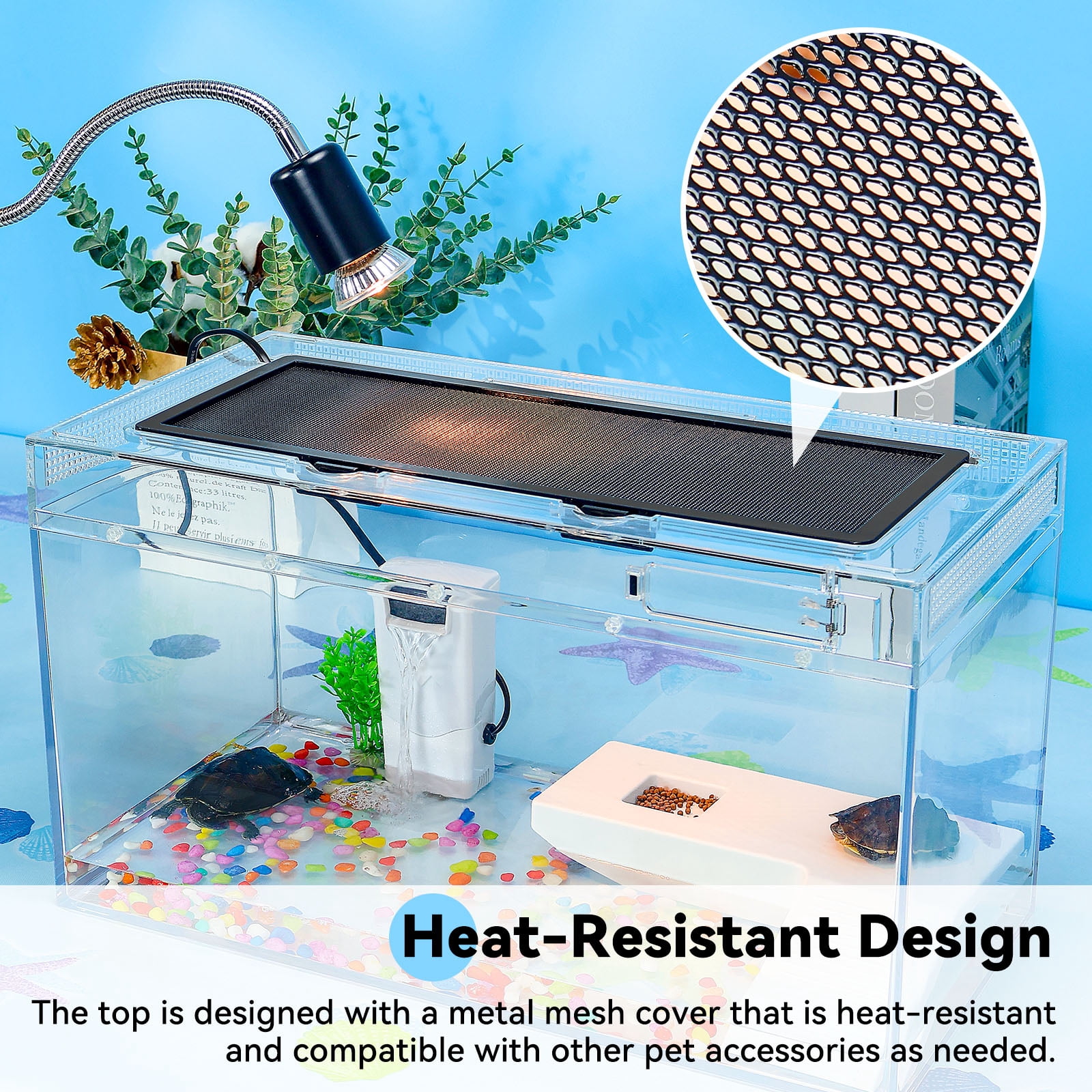 12x6x7 Turtle Starter Kit High-Definition Aquatic Turtle Tank with Heating Lamp, Filter, Advanced Ventilation & High-Temp Resistance for Turtle Terrarium Habitat