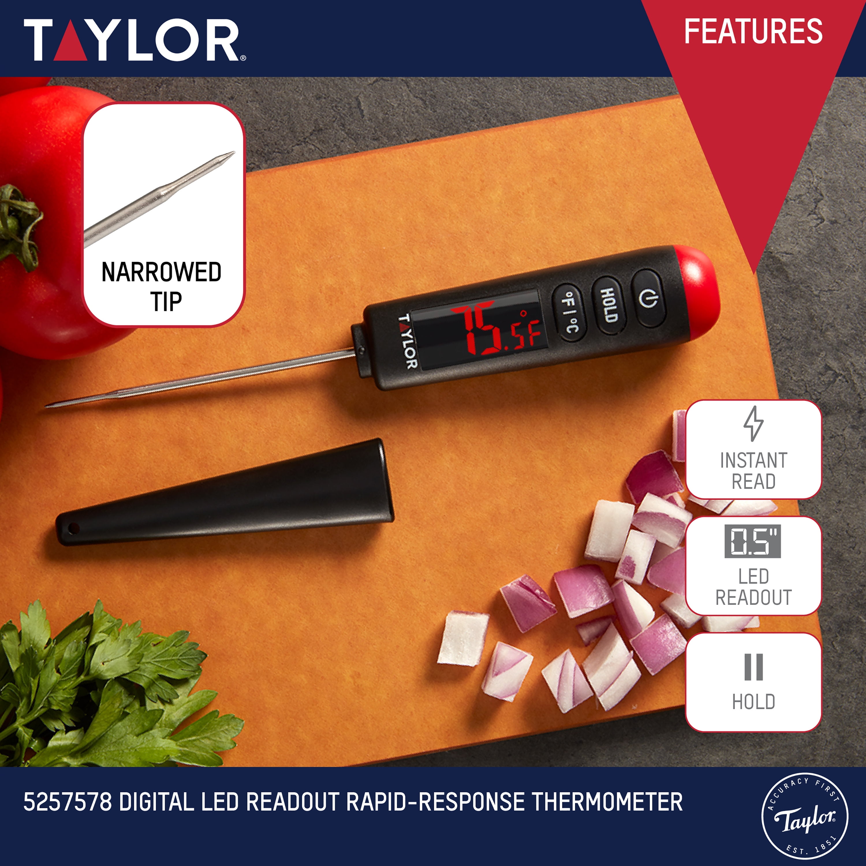 Taylor 3519FDA Digital Thermometer w/ Auto Off, Battery Included, LCD Readout, Black