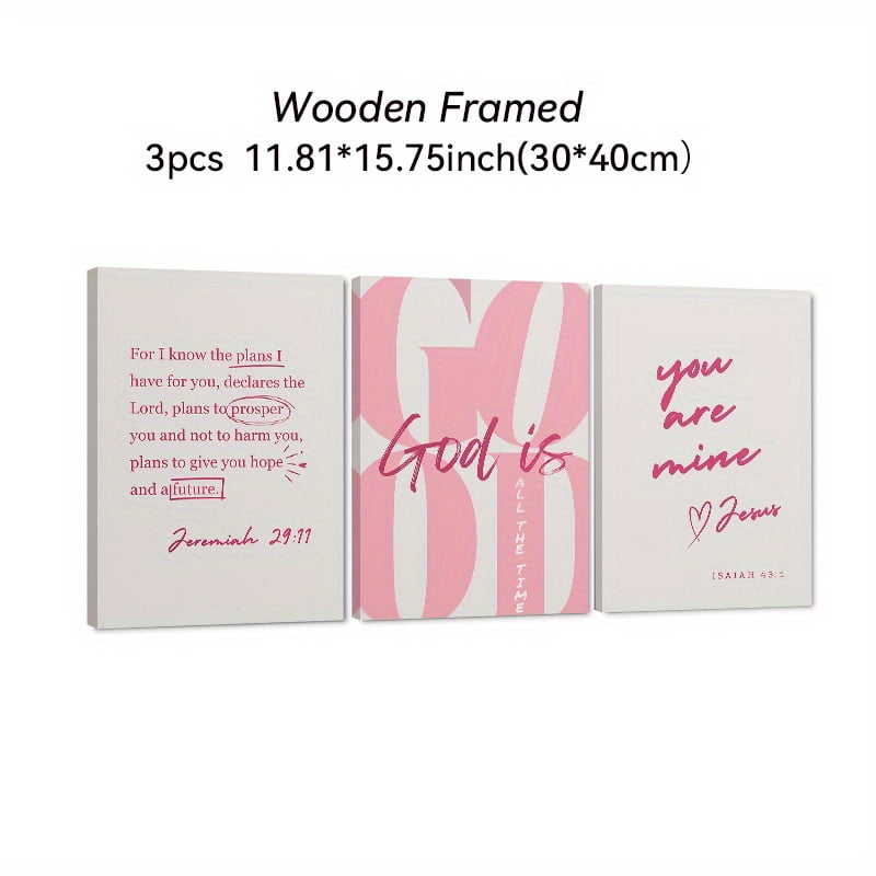 3pcs Trendy Pink Girly Christian God Is Good All The Time Wooden Framed Canvas Painting, Wall Art, Living Room Decoration Bedroom Home Decor, Bedroom Artwork, Modern Wall Painting, Girly Aesthetic,