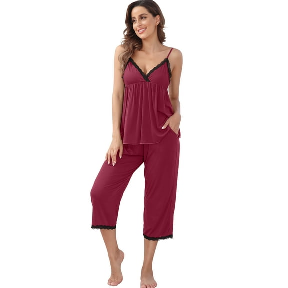 Women's Casual Modal Pajamas Sets Lace Trim Cami Tops Long Pants Sleepwear