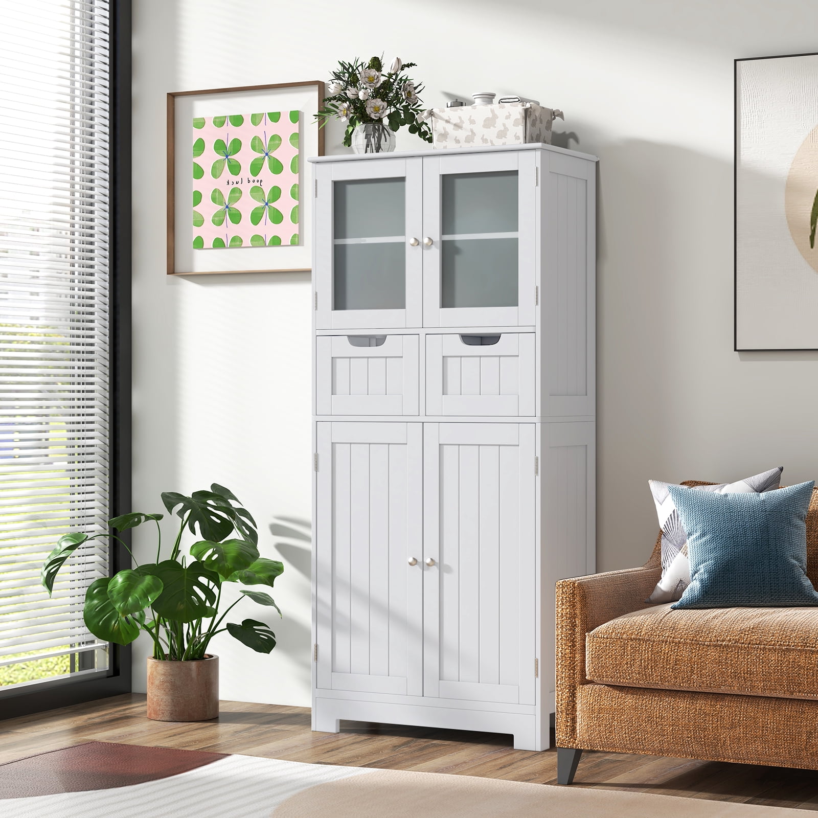 Giantex Freestanding Bathroom Storage Cabinet, Tall Linen Floor Cabinet w/Adjustable Shelves, White
