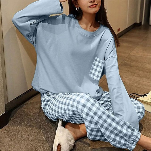 Pijamas a cuadros para mujer, conjunto de ropa de casa informal de manga larga de poliéster y algodón para otoño e invierno, talla grande