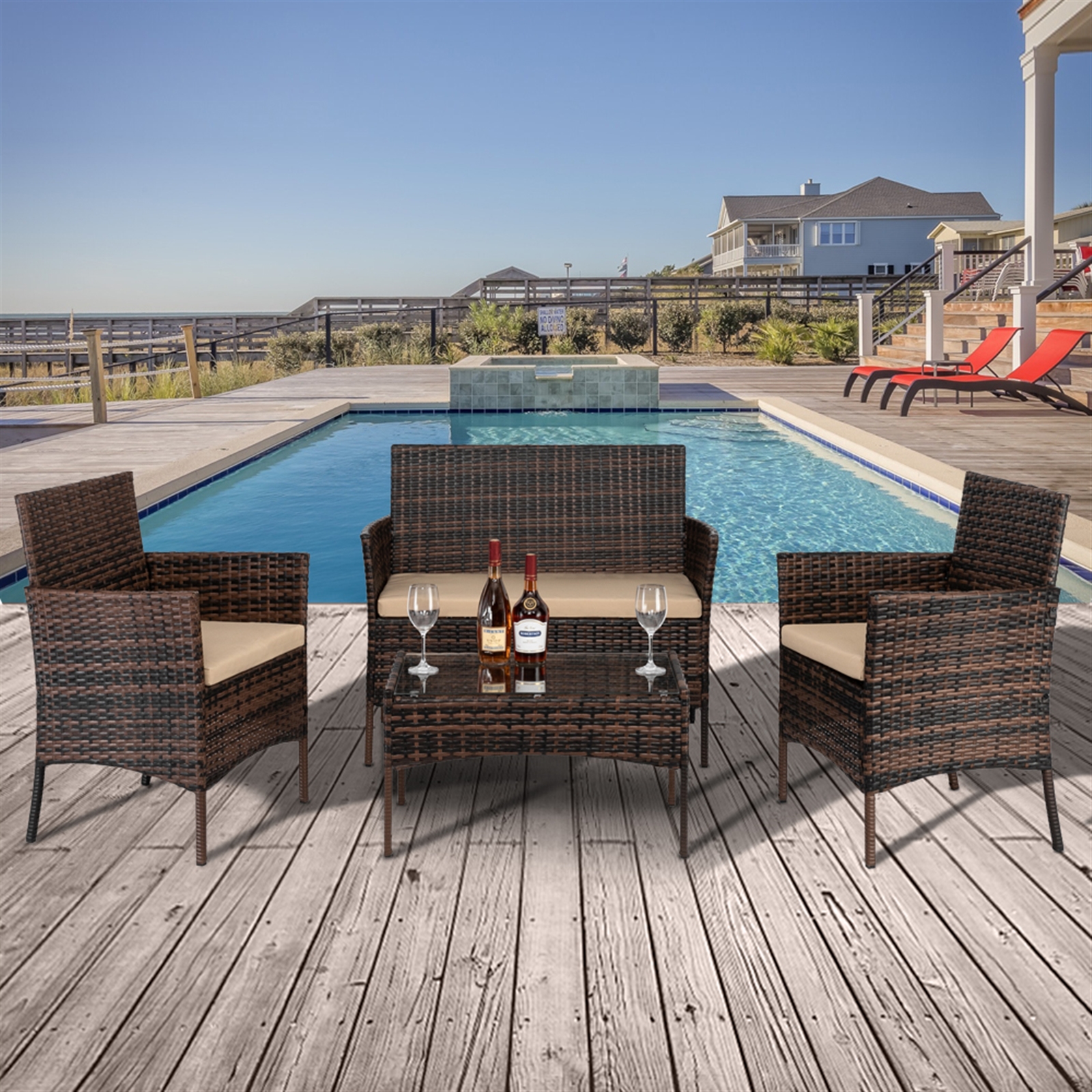 4 Piece Bistro Patio Set, Outdoor Patio Furniture Sets with Glass Dining Table, Loveseat & 2 Cushioned Chairs, Brown Conversation Sets with Coffee Table for Backyard, Porch, Garden, Poolside, L5089 - image 2 of 9