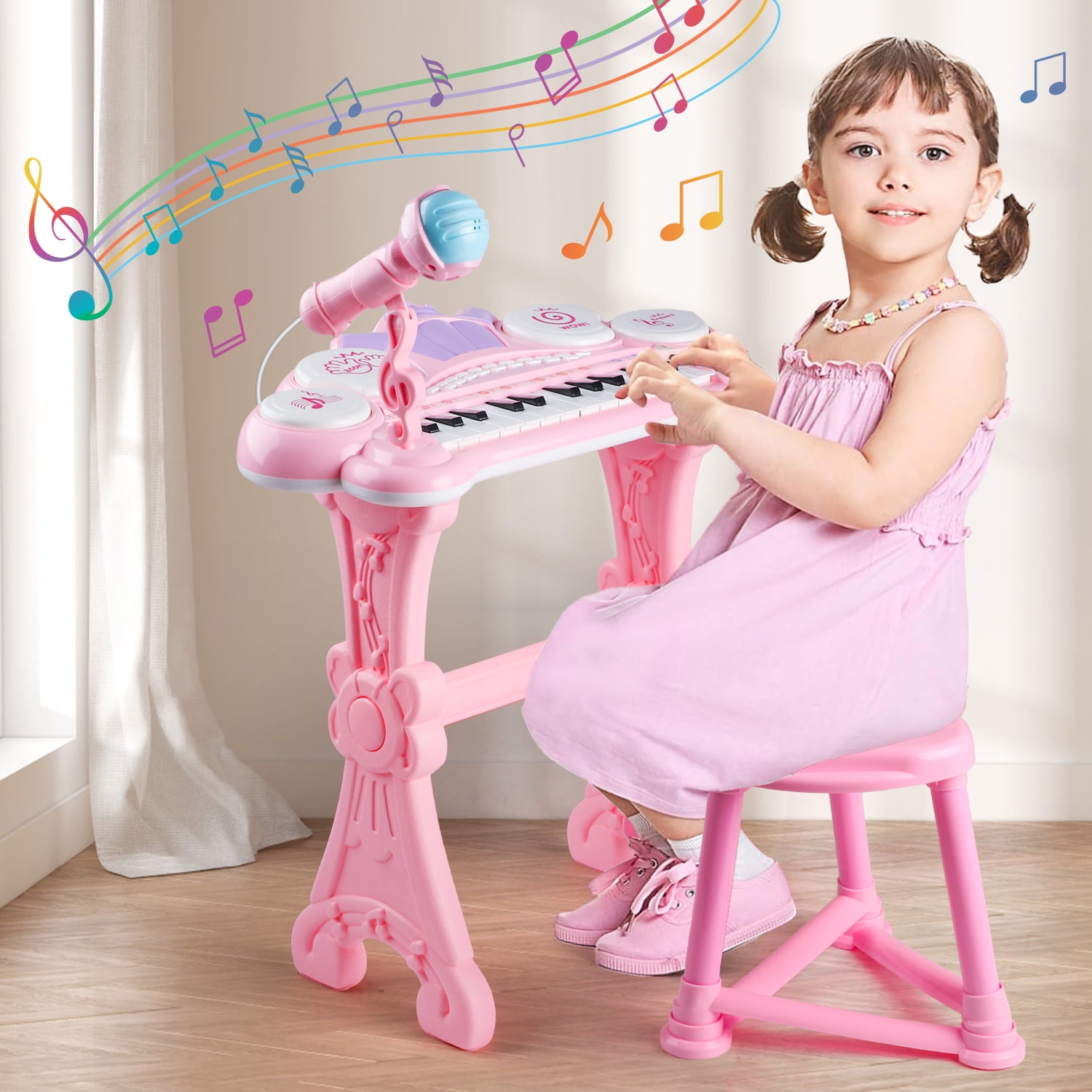 Beefunni Electronic Piano Keyboard, 24-Key  Piano Music Toy, Birthday Gift Girls, with Microphone, Stool - Pink