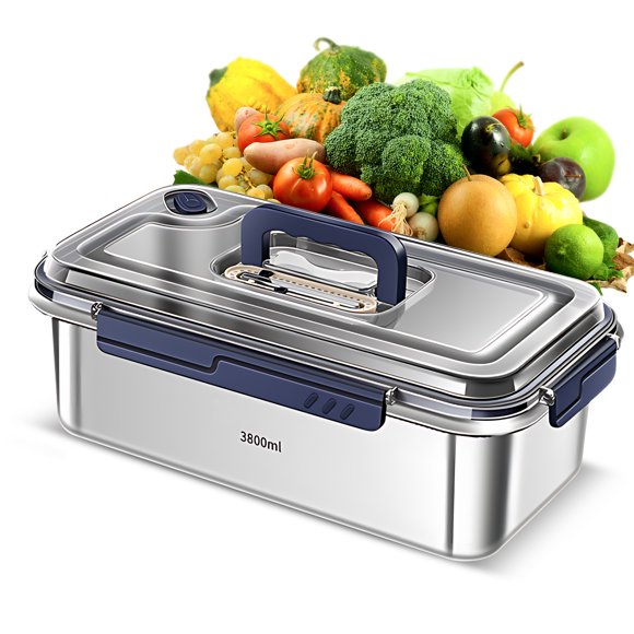 316L Food-Grade Stainless Steel Airtight Storage Container with Date Indicator, 3.8L Large Capacity Leakproof Lunch Box, 4-Side Locking Lids, Widened Sealing Ring, Hidden Handle, Stackable Design for