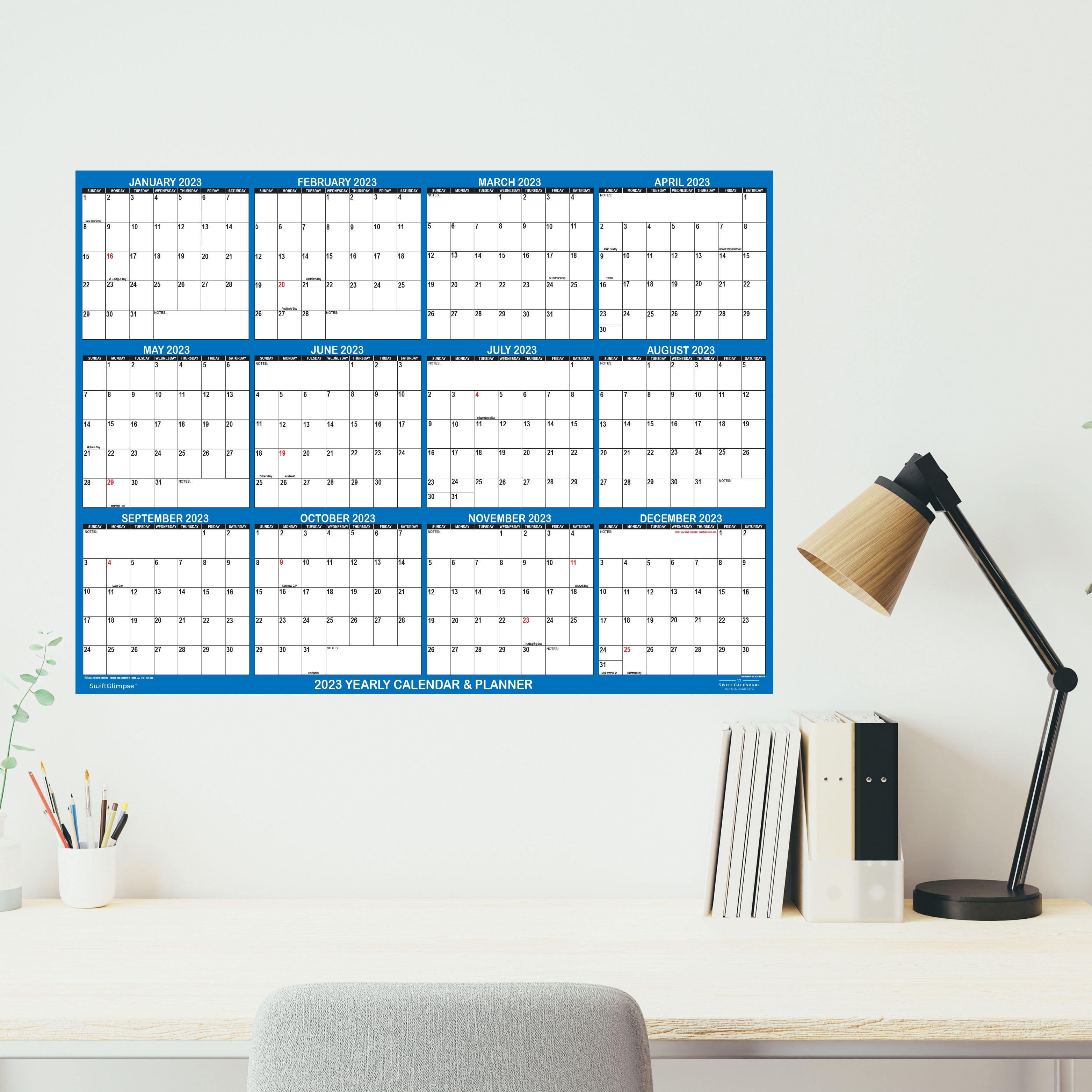 SwiftGlimpse 18" x 24" Yearly 2026 Wall Calendar, Erasable, Reversible, Horizontal-Vertical, Blue