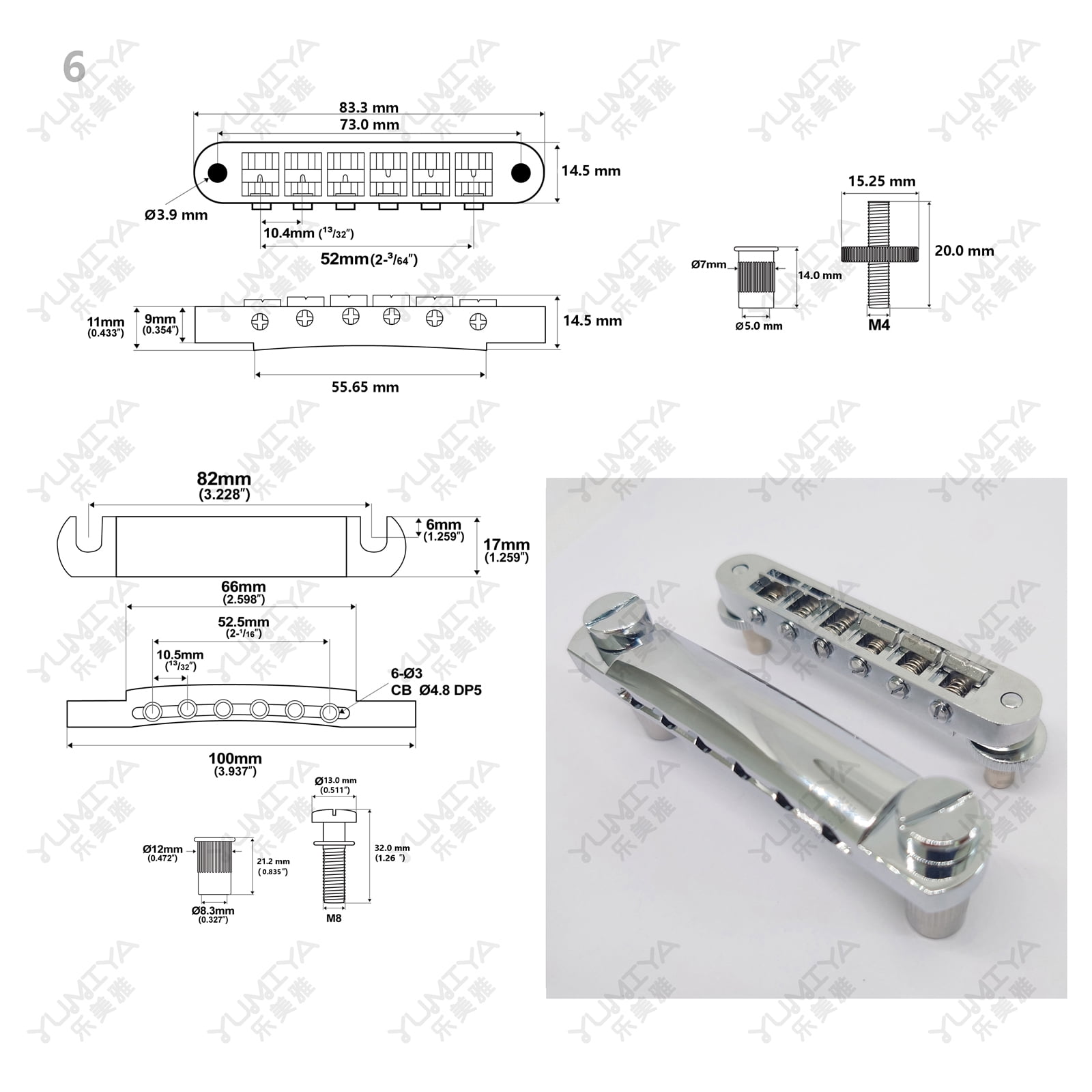 Guitar Fixed Saddle Bridge Tailpiece Set with ABR-1 Style Tune-O-Matic Bridge Chrome for ABR LP SG EPi Electric Guitars