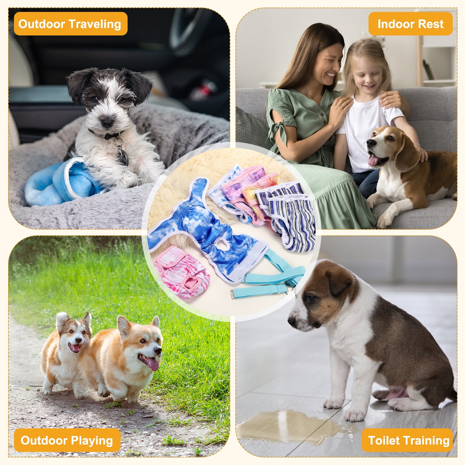 Washable Female Dog Diapers with Suspender, Reusable Dog Diapers Absorbent Leakproof(Striped Blue/Tie-Dye Light Blue M, 2Pcs), Intended for Female in Heat Cycle