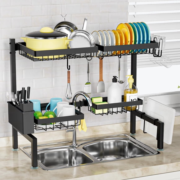 Escurreplatos de 2 Niveles SNSLXH para Sobre Fregadero, Ajustable de 63 a 90 cm