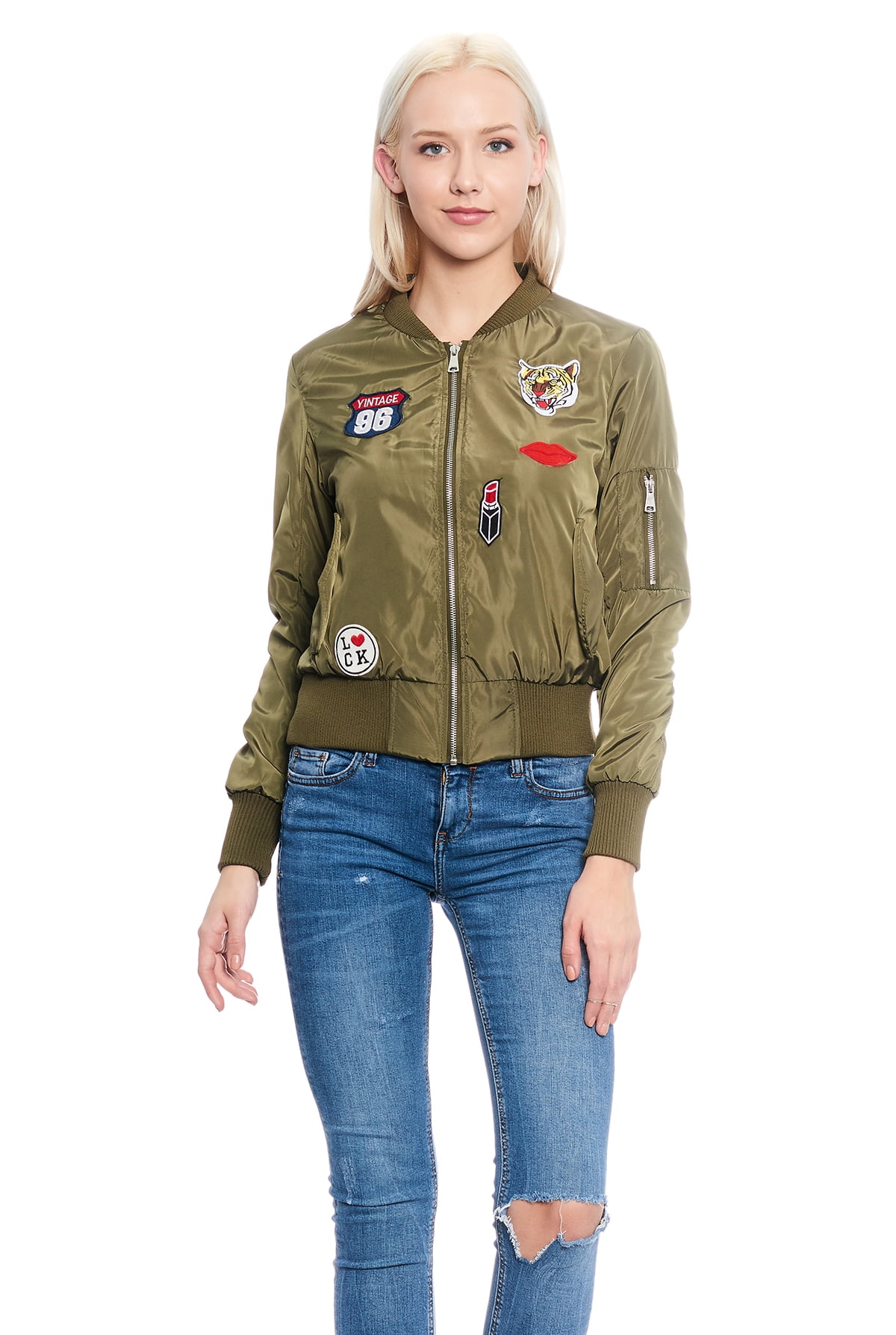 Bomber jacket store with patches women's