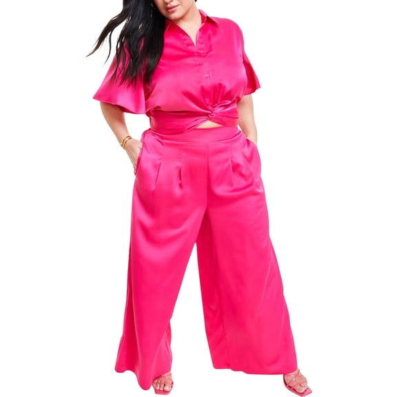 Nina Parker Womens Solid Hi Rise Casual Wide Leg Pants, Pink, Plus Size, 3X