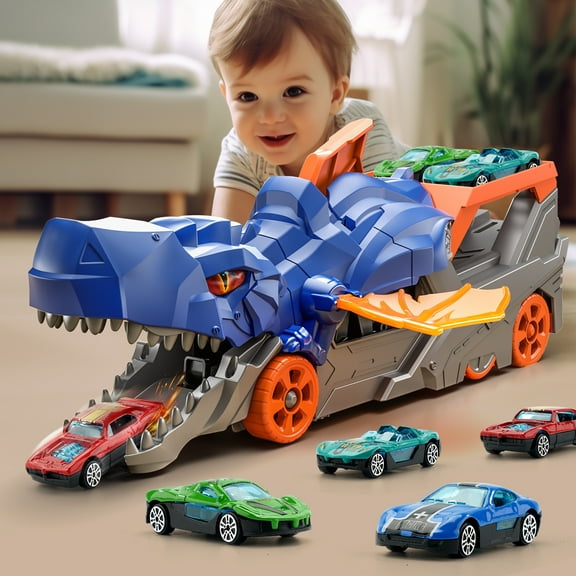 Jiakora Dinosaur Transport Truck with 4 Cars, City Dinosaur Track Toy, Transforms into Stomping Standing Dinosaur Toddler Toys Birthday Gift for Kids Ages 3 