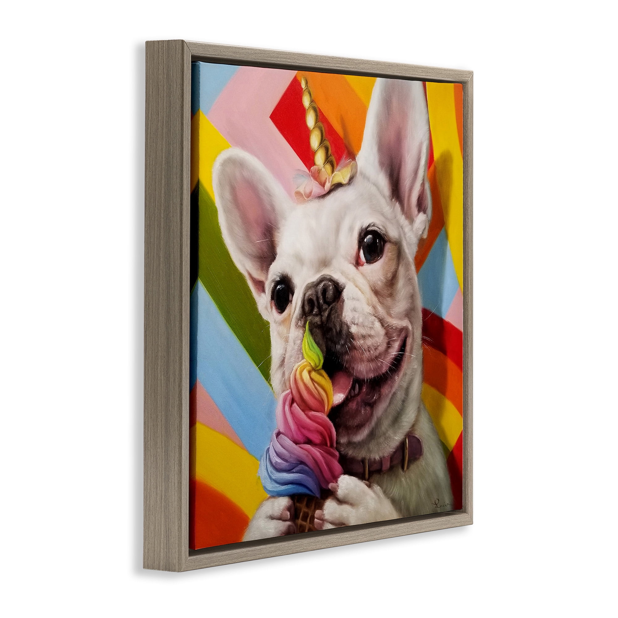Stupell Industries Rainbow French Bulldog Ice Cream Animals & Insects Painting Brown Floater Framed Canvas Art Print Wall Art, 25 x 25