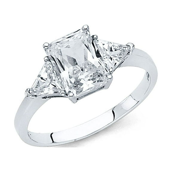 14k White Gold Emerald CZ Engagement Ring Anniversary Solitaire CZ Band Trilliant Side Stones Size 7