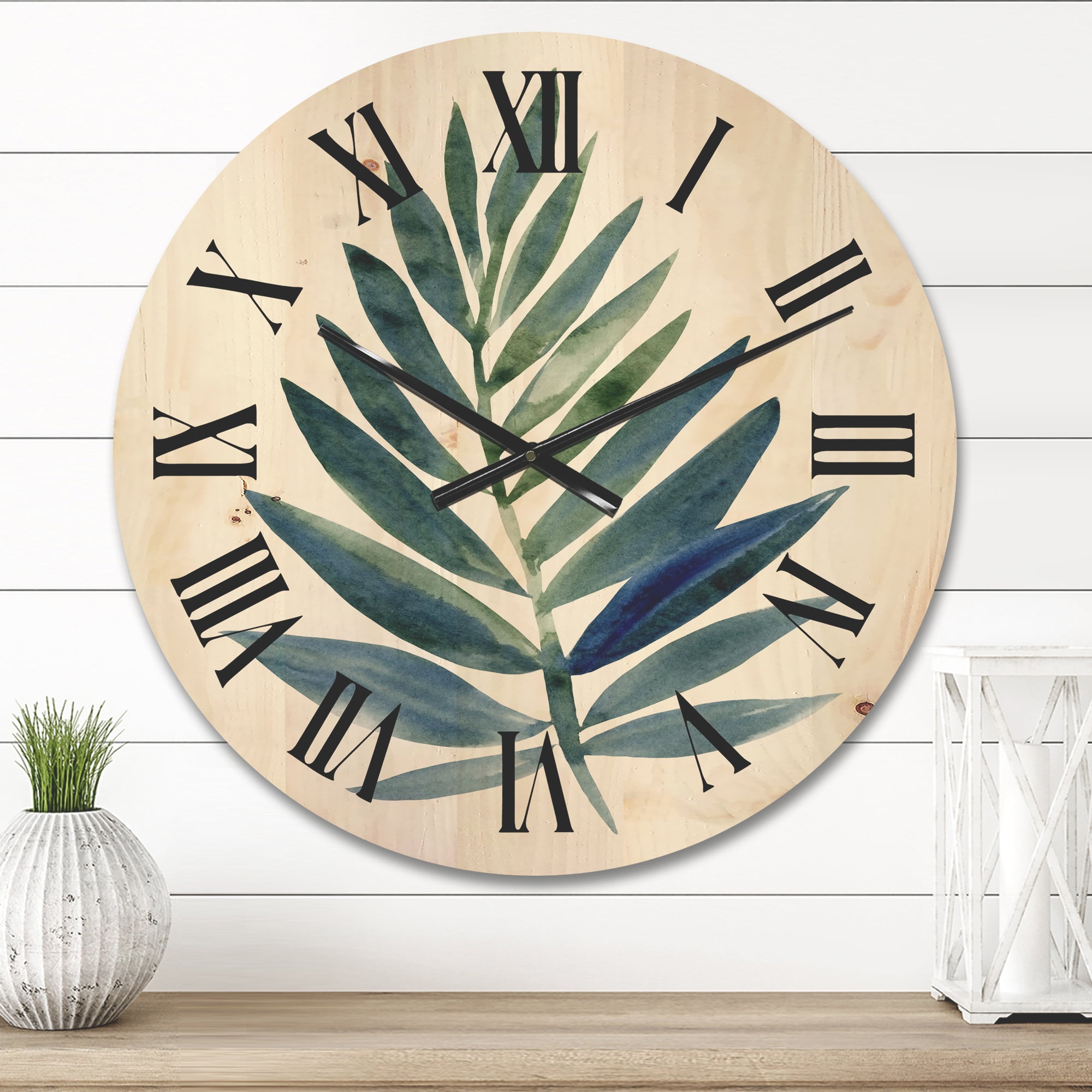 Designart 'Tropical Green Leaf On White' Farmhouse Wood Wall Clock