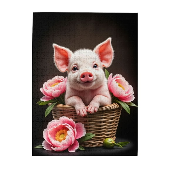 500 Piece Jigsaw Puzzle For Adults Piglet In A Basket With Peonies Challenging And Relaxing Adult Puzzle Unique Artwork Great Gift Idea Home Decor