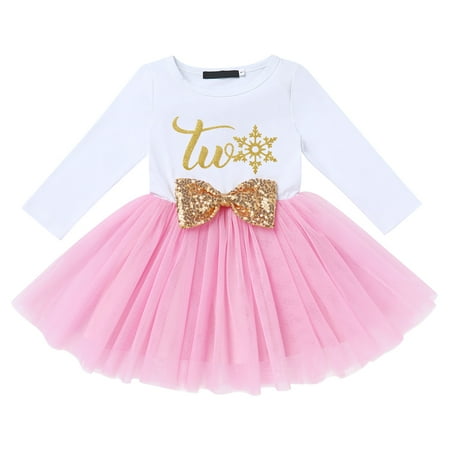 

IMEKIS Second 2nd Birthday Outfits for Toddler Girls Baby Cake Smash Photoshoot Long Sleeve Kids Princess Dress Christmas Themed Winter Onederland Party Supplies 2T Gold Snowlake Two