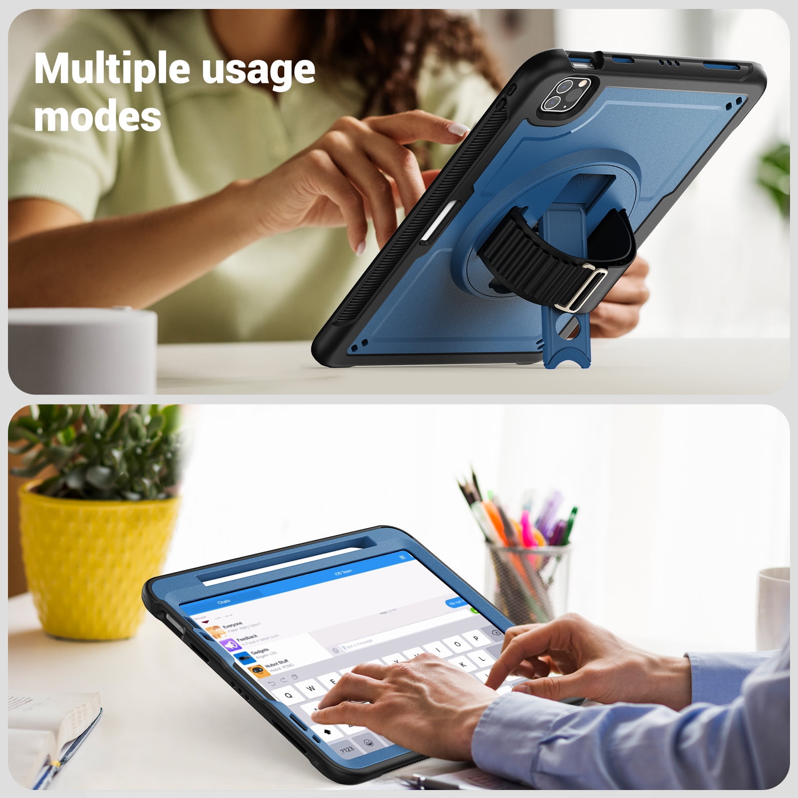 ELEHOLD Case for Apple iPad Pro 11 2022/2021/2020/2018/air4 10.9/air5,Soft TPU Rugged Durable Case with 360° Rotating Hand Strap & Foldable Hidden Stand & Pencil Holder,Navyblue