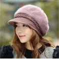 thumbnail image 2 of Boina tejida de invierno para mujer, gorro de piel de conejo grueso de otoño coreano, además de gorro de lengua de pato con protección para las orejas de terciopelo, 2 of 6