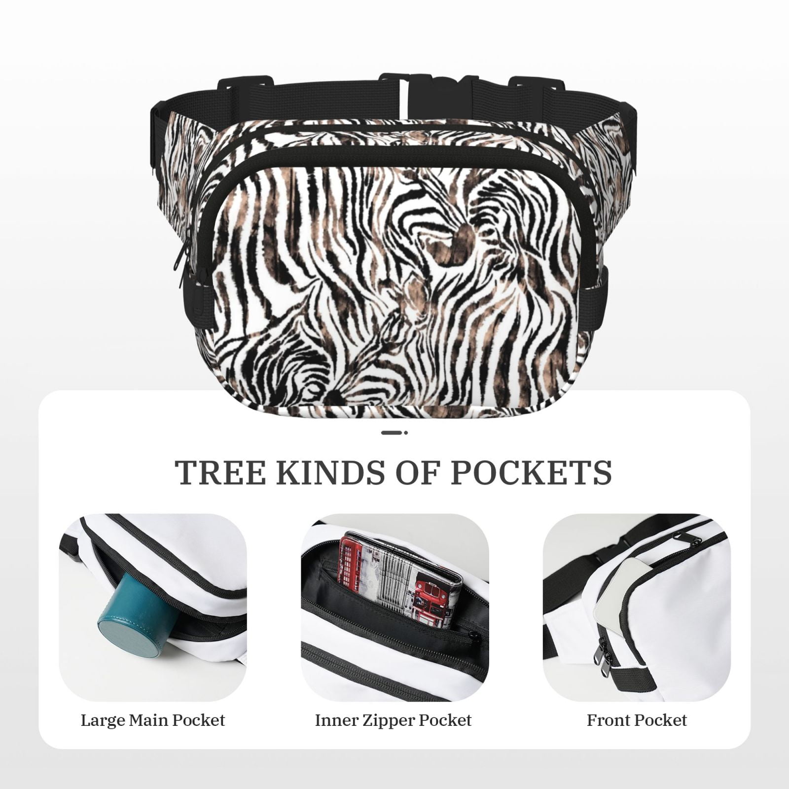 Picia Leopard And Zebra Print Square Double-Layer Waist Bag Mini Adjustable Waist Belt Bag Exercise Running Travel Hiking