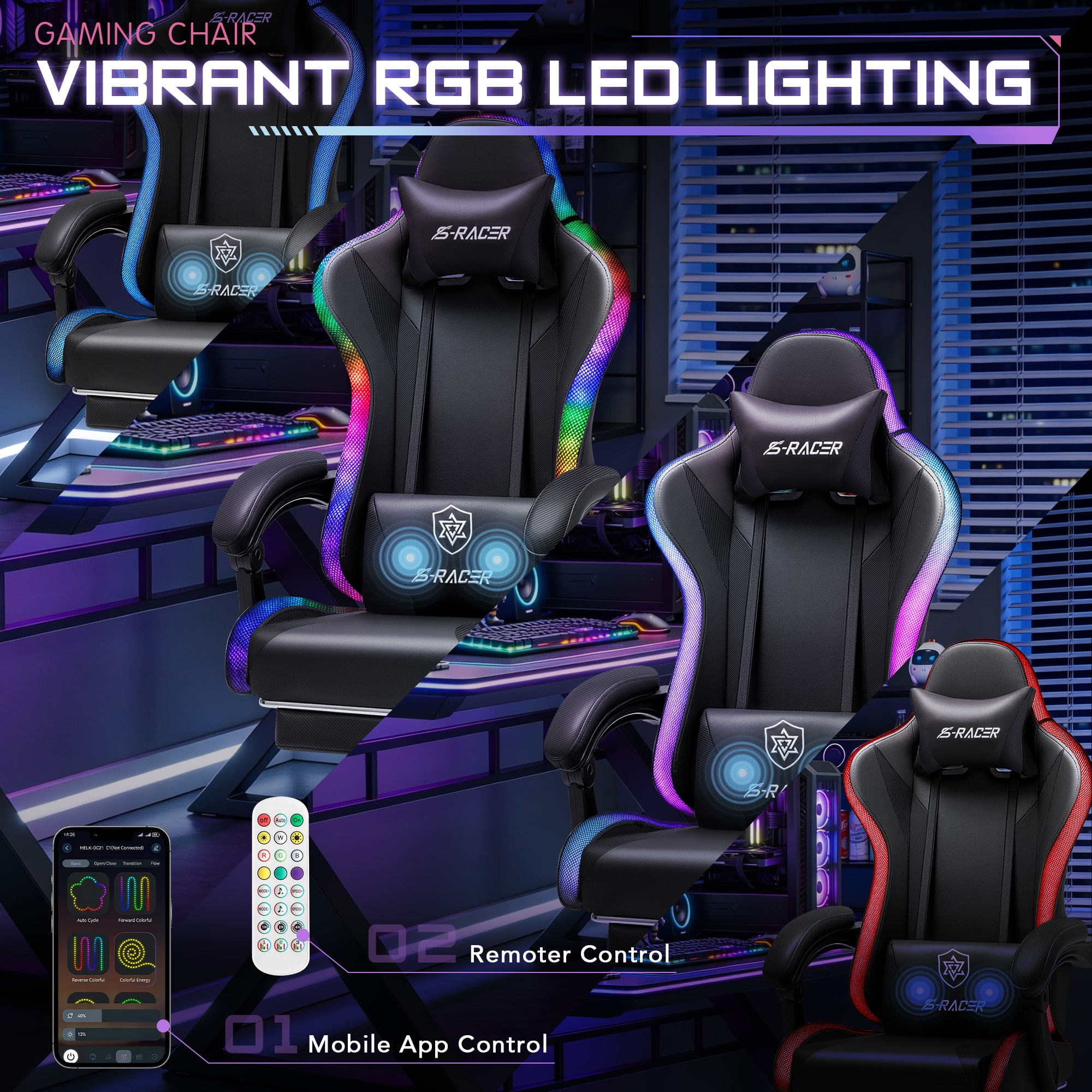 Homall RGB Gaming Chair Massage Reclining Racing Chair with APP & Remote Control, Audio Sync LED, Footrest & Headrest, Black