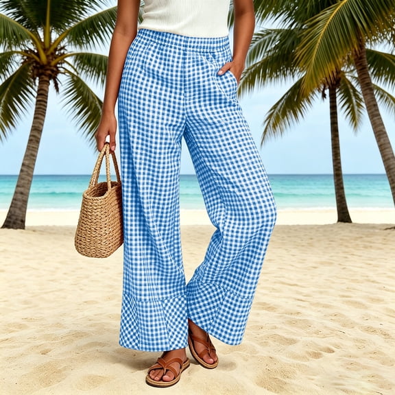 Guieoi Palazzo Pants for Women Checkered Boxer-Cut Wide-Leg Casual with Pockets Summer Work Trousers Blue M