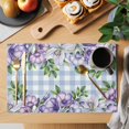 thumbnail image 2 of Purple Flowers Placemats Set of 6, Spring Floral Leaves Plants Blue Plaid Placemats for Dining Table, Place Mats for Kitchen Tabletop, Waterproof Wipeable Dining Table Mats Set, 2 of 9